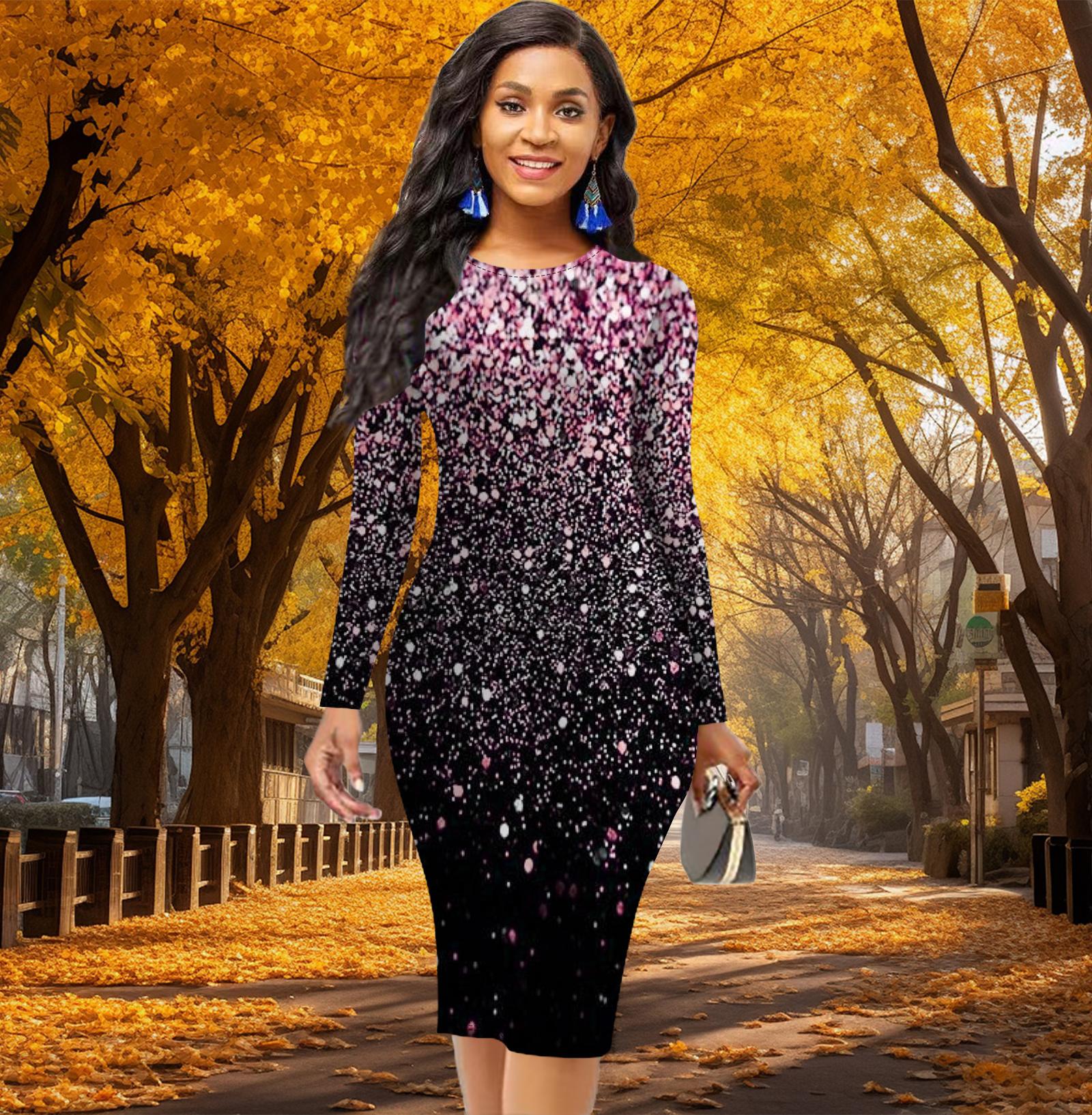 

Елегантна облягаюча сукня з принтом із зоряним небом і принтом у крапку з довгим рукавом і талією. 8XL рожевий