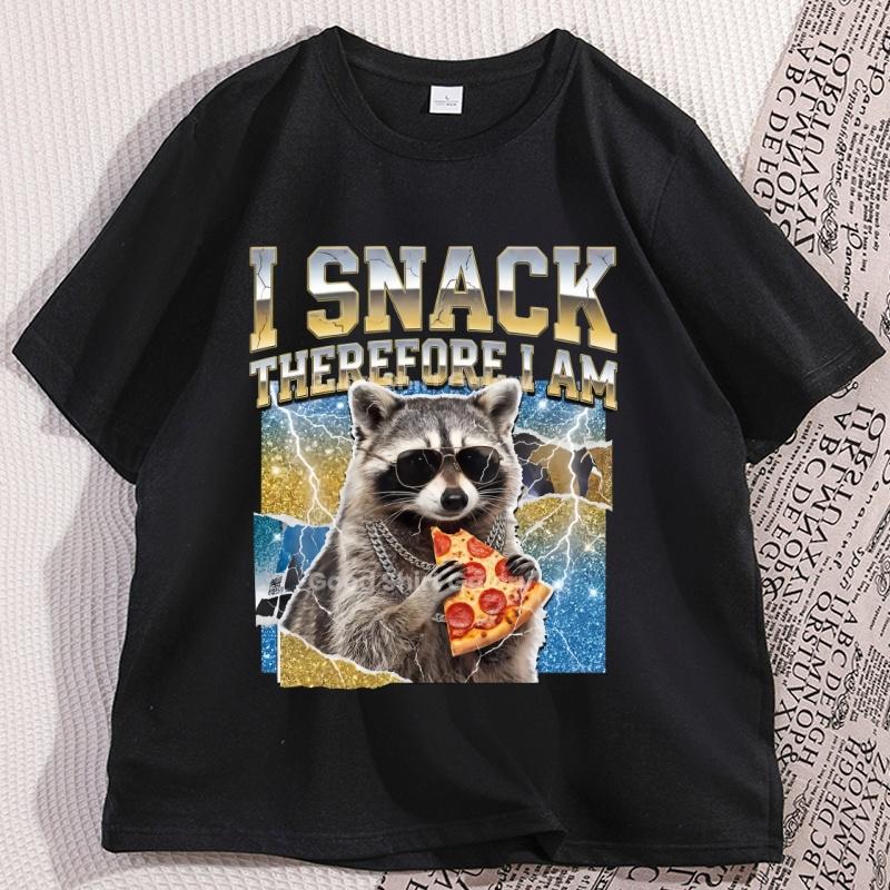 Raccoon Pizza TShirt I Snack Therefore I Am Graphic Tees Funny Animal Lover T Shirt Retro Cotton Short Sleeve Round Neck Tee
