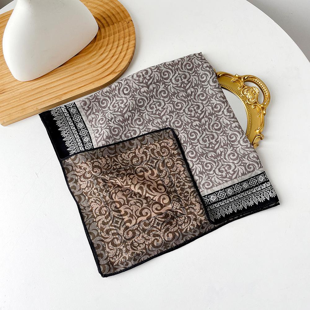 Retro Flower Silk Scarf Autumn and Winter Temperament Elegant Scarf Herringbone Silk Scarf Double-sided Literary Square Scarf Cotton and Linen Square