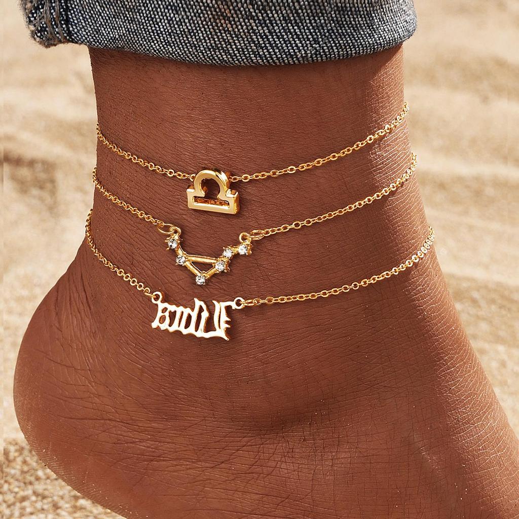12 Constellation Multilayer Zodiac Anklet Set for Women - Gold Rhinestone High-End Jewelry, 3-Piece