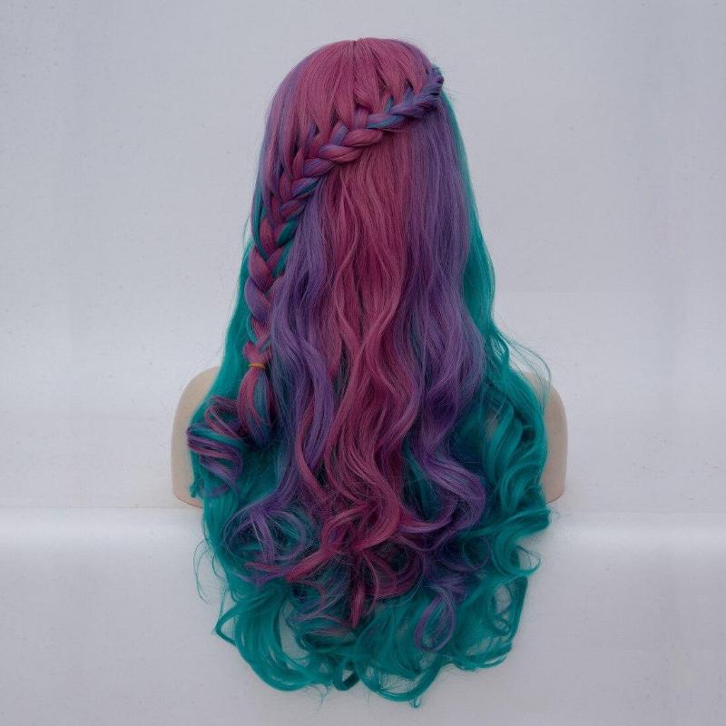 Плетение Стиль Длинный Вьющийся Радужный Парик Косплей Костюм Синтетические Волосы — фото 6