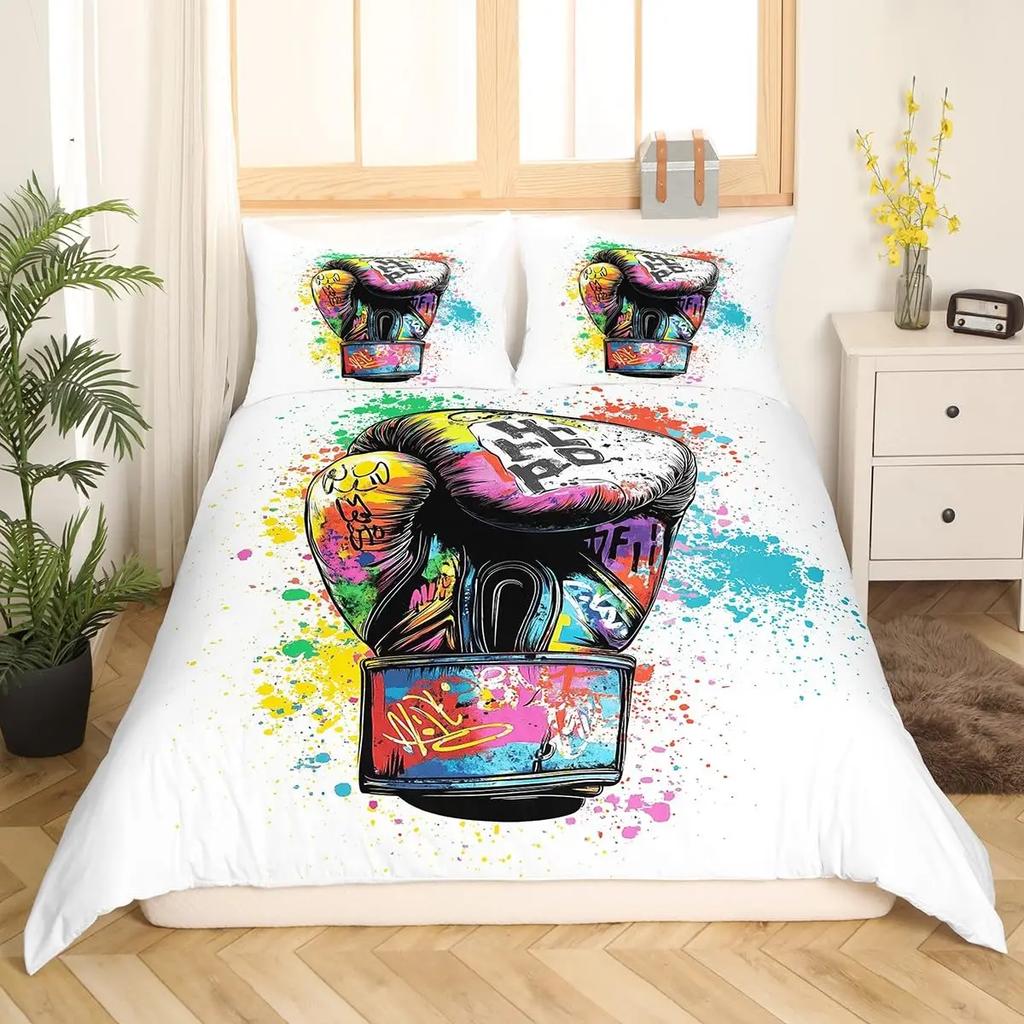 Adult Boxing Duvet Cover Sports Theme Bedding Set Boxing Gloves Duvet CoverBoxing Pattern Comforter Cover Queen Size