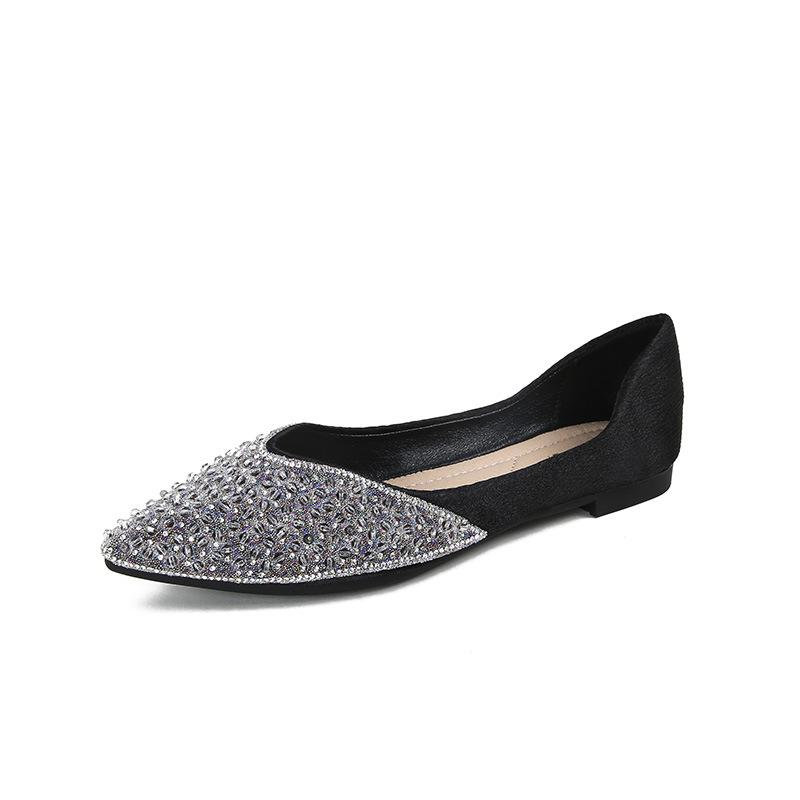 Single shoes women's new shallow mouth pointed rhinestone flat bottom ladyshoes versatile soft sole Doudou shoes large size women's shoes