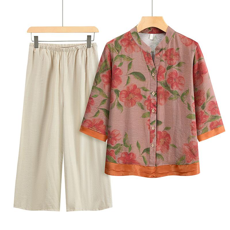 

Летний свободный повседневный удобный костюм с круглым вырезом и принтом