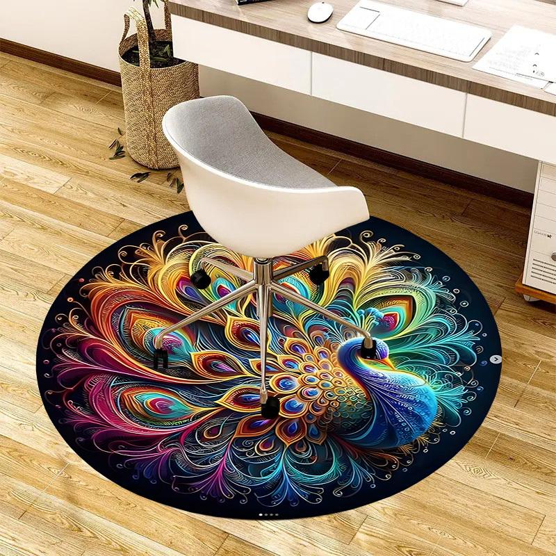 1pc Office Carpet Chair Mats Colorful Peacock Feather Mandala Perfect for Decorating Office Chairs, Living Rooms, Or Bedrooms