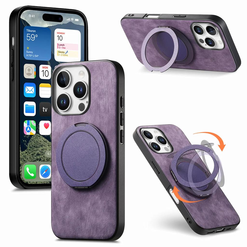 360 Rotating Ring Holder Kickstand Case For iPhone 16 Pro Max 15 Plus 14 13 12 11 SE 2024 Retro Pu Leather Back Magnetic Cover