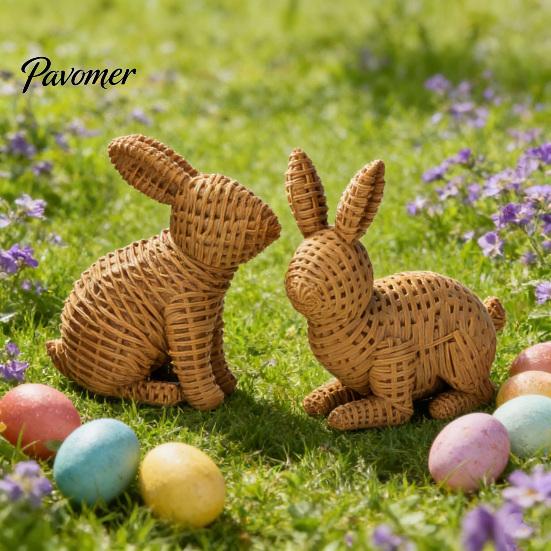 Holiday Gift for Home 3D Printed Wicker‑Look Bunny Figurine, Rattan Texture Rabbit Statue, Easter Decor Weather Resistant Decorative Ornament Indoor