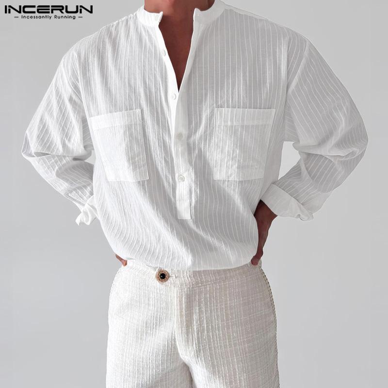 INCERUN Men Collarless Long Sleeve Striped Texture Shirts Casual Tops