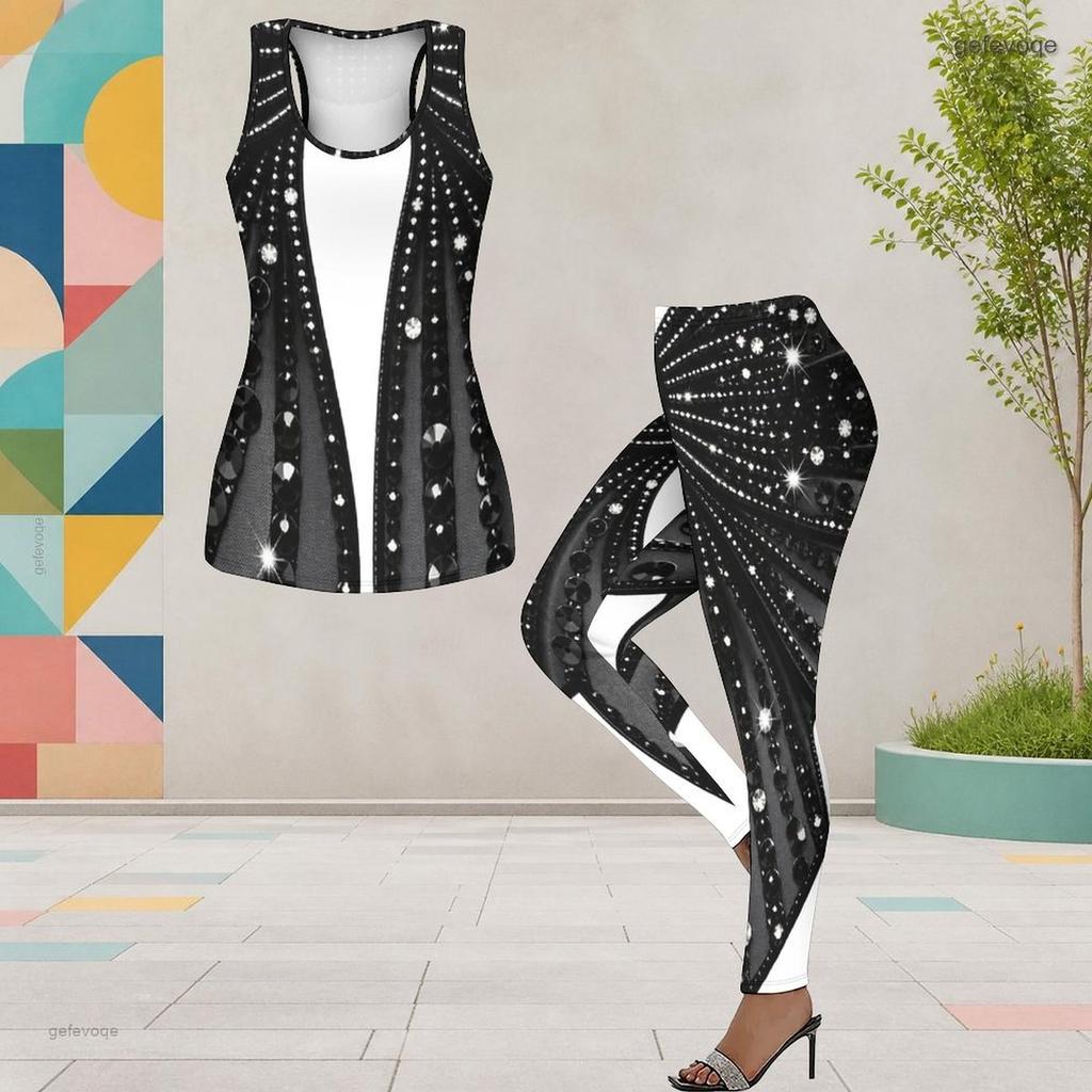 Women Plus Size Two Piece Set Scoop Neck Sleeveless Printed Tank Top Fitted Black Green Gold Pants