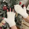 Half Finger Screentouch Gloves with Star Decors Soft Rex Rabbit Furs Short Gloves for Students Girl Winter Daily Wear