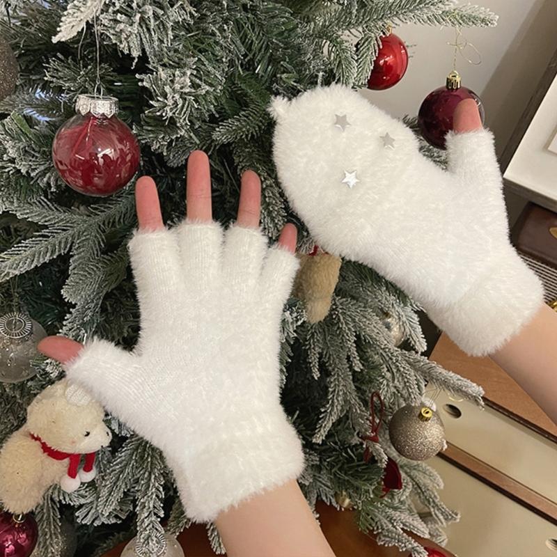 Half Finger Screentouch Gloves with Star Decors Soft Rex Rabbit Furs Short Gloves for Students Girl Winter Daily Wear