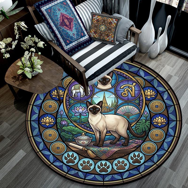 Siamese Cat Glass Round Area Rug Under Office Chairs Bedroom Living Room Home Decor 80cm x 80cm