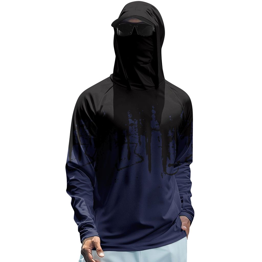 Men’s Summer Long Sleeve Hooded T Shirt Quick Dry Print Lightweight Sun Sports Fishing Gym Top