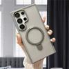 Metal Matte Stand Support Vehicle For Case For For Samsung Galaxy S24 Plus Ultra Transparent Magnetic Wireless Charge Cover
