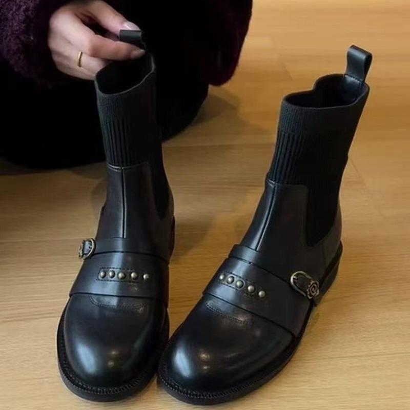 New Style Women's Designer Brand Cowhide Elastic Socks Boots Women's Sleeved High-heeled Chunky Skinny Ankle Boots for Women