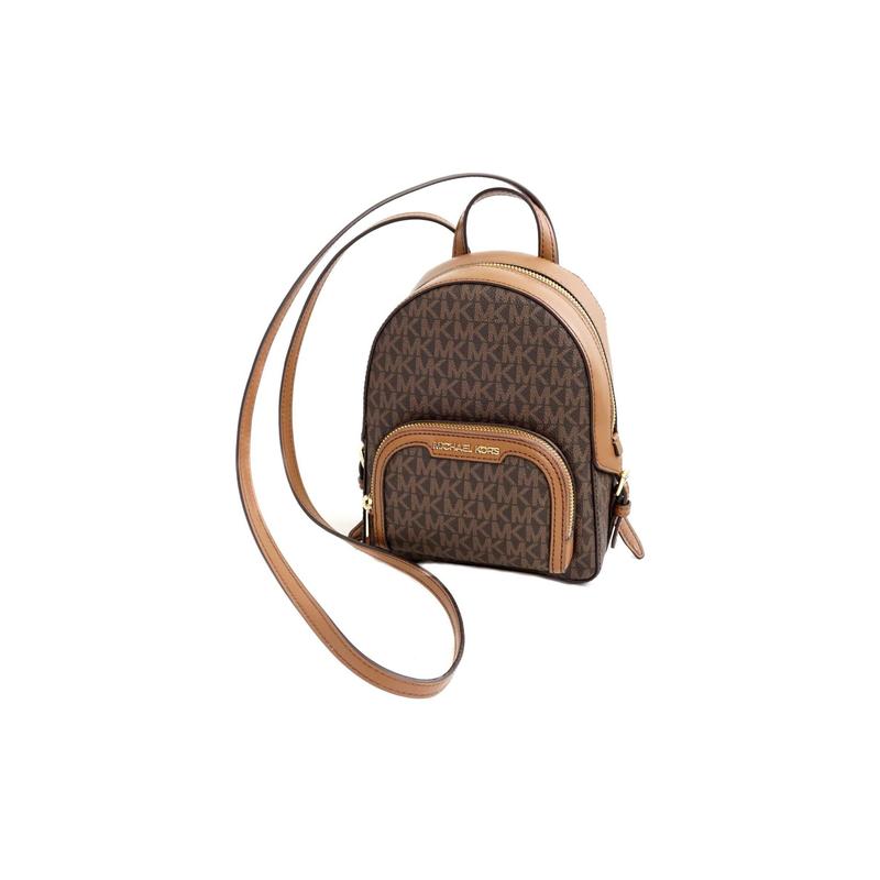 Michael Kors Jaycee Gold Letter Logo All-over Printing Leather School Bag Backpack Backpack Small Size Women's Brown