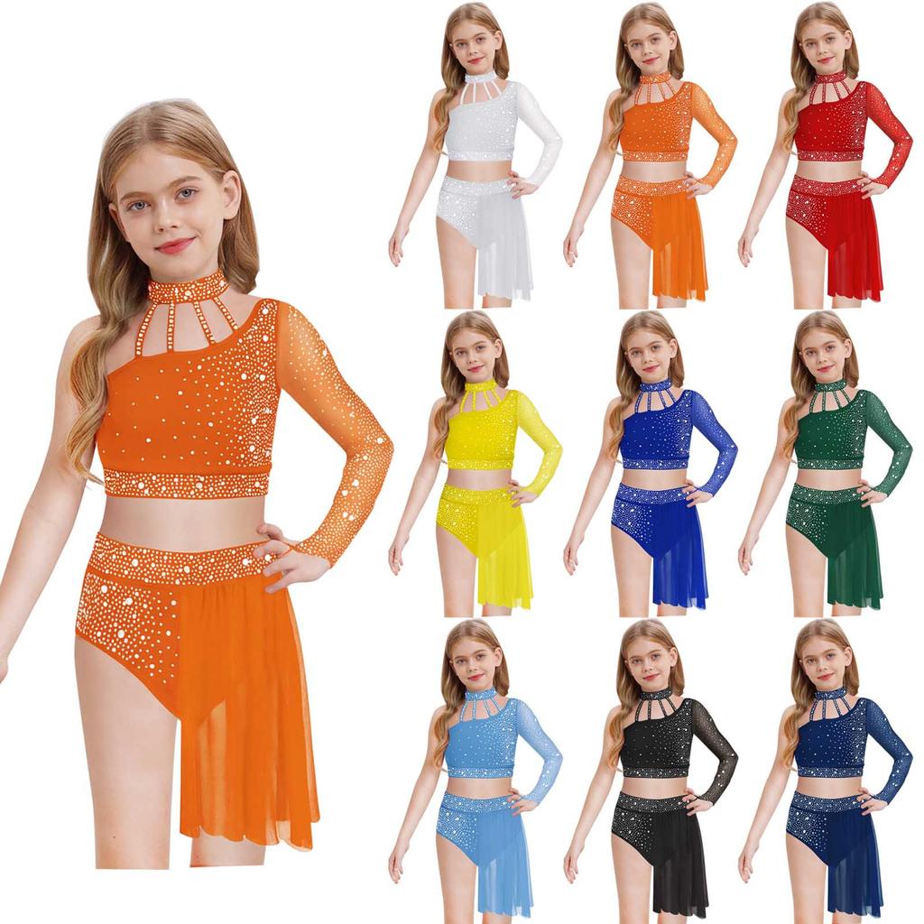 Girls Contemporary Dance Outfit One Shoulder Sheer Mesh Long Sleeve Rhinestone Crop Top with Irregular Skirt