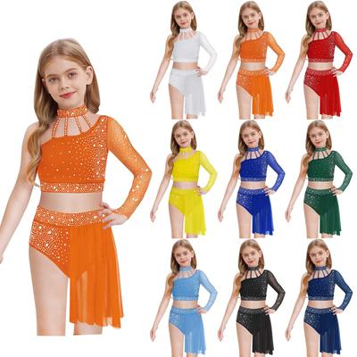 Girls Contemporary Dance Outfit One Shoulder Sheer Mesh Long Sleeve Rhinestone Crop Top with Irregular Skirt