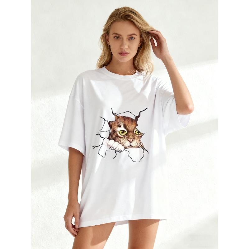 Oversized T Shirt Black Cat Face Breakthrough Print Casual Wear For Women Summer Streetwear Fashion Top