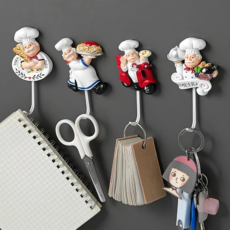 4pcs Resin Chef-shaped Adhesive Hooks, Cute Kitchen Decor for Home, Garage Storage.
