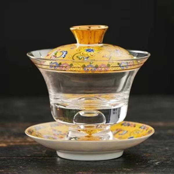 Enamel Colored Glass Gaiwan Puer Tea Bowls Crystal Tea Bowl Tureen Lid Bowl Lotus Hand Drawing Gaiwan for Travel Gai Wan Cup Set