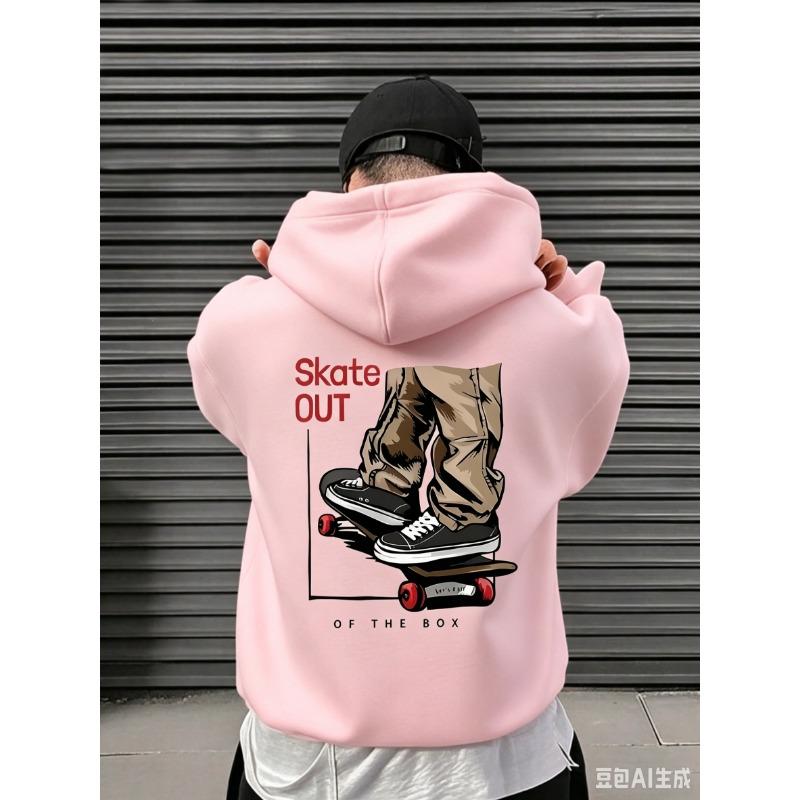 Street Skateboarding Culture "Skate Out" Logo Printed Men's Hooded Sweatshirt with Loose Pullover Trendy Fall/Winter Daily Top