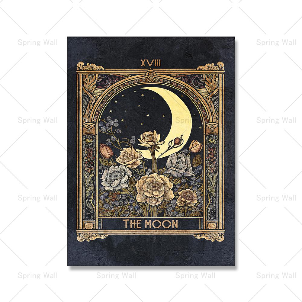 Boho Style Black The Sun Moon Tarot Card Witchy Poster Canvas Painting Abstract Flower Mystical Wall Art Picture Bedroom Decor