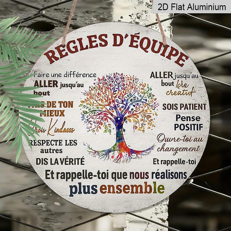 2D Flat, 1pc 7.87x7.87 Inch Round French Aluminum Sign, a Vintage Decorative Plaque About "Team Rules, " a "Positive Thinking" Decorative Sign