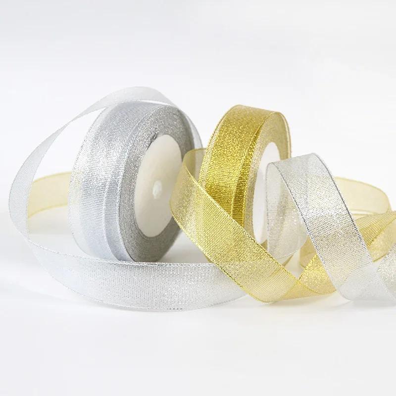 25yards/roll Gold Silver Metallic Glitter Ribbons for Apparel Garment DIY Accessories Crafts Sewing Fabric  Supplies Gift Wrap