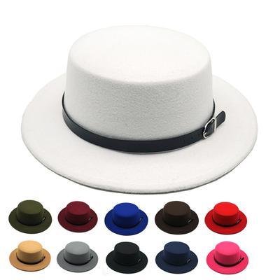 Sombrero de copa plano con cinturón y hebilla plateada de estilo británico para hombre y mujer, sombrero de caballero de color liso, grande, plano y cálido de lana con ala ancha.