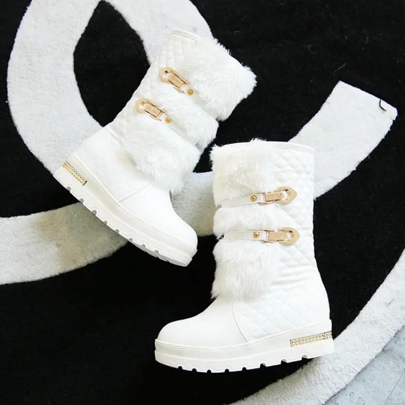 European American Design Style Mid Length Women's Boots 2024 Winter Thickened Cotton Shoe Platform Women's Leather Boots Botas