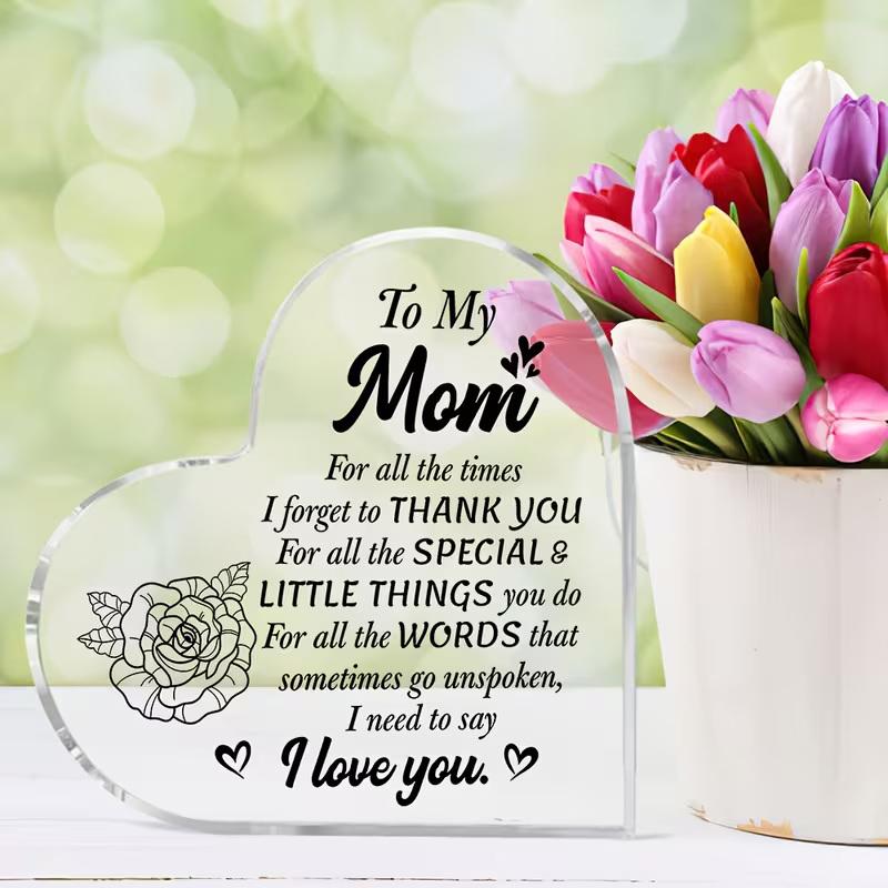 Mom Acrylic Heart Sign Mother'S Day Plaque Ornament Grateful Gift Desk/Table Decor For Mom Holiday Mother Birthday