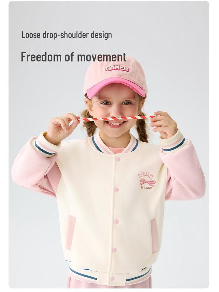 Girls' Cartoon Baseball Jacket: Warm, Fleece-Lined, Thick Cotton Coat With Stand Collar for Autumn/Winter.