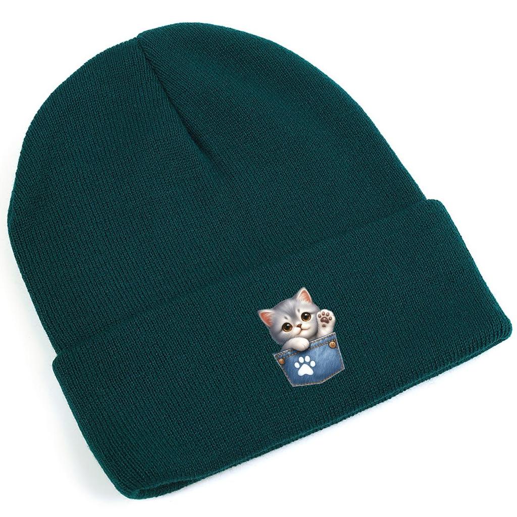 Pocket Cute Cat Print Knit Cap Beanie, Print Pompom Beanies Hip Hop Versatile Elastic Slouchy Knitted Cap Beanie