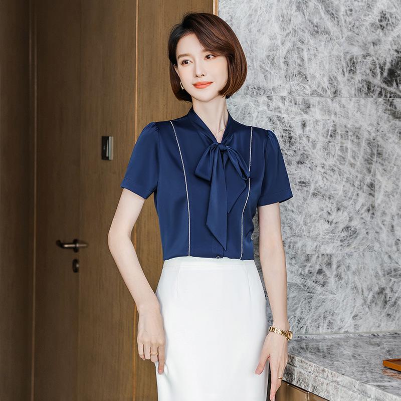 2023 Women's White Bow Blouse: Short Sleeve Workwear for Civil Servant Interviews & Hotel Reception
