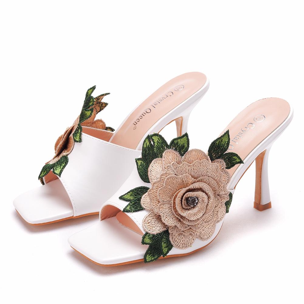 Summer Lace Flower Square Toe Heels High Quality PU Slippers Gladiator Sandals Womens Slides Shoes