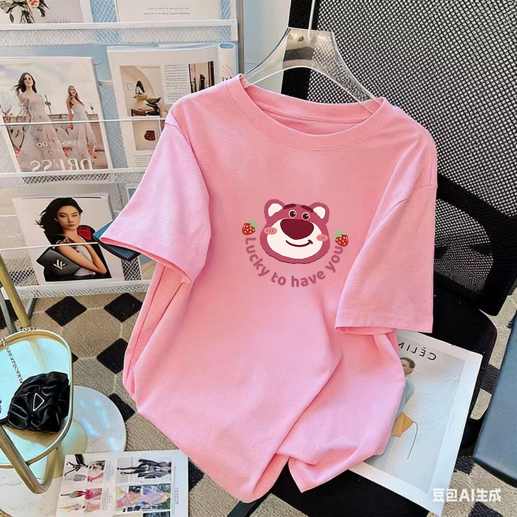 Girls Pink Cotton T Shirt Summer Cartoon Short Sleeve Round Neck Top For Big Kids Fashionable Casual Tee