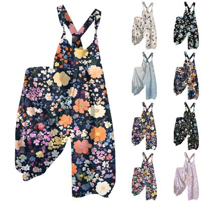 Damskie Letnie Ogrodniczki w Kwiatowy Wzór w Stylu Vintage (Nieregulowane paski)
