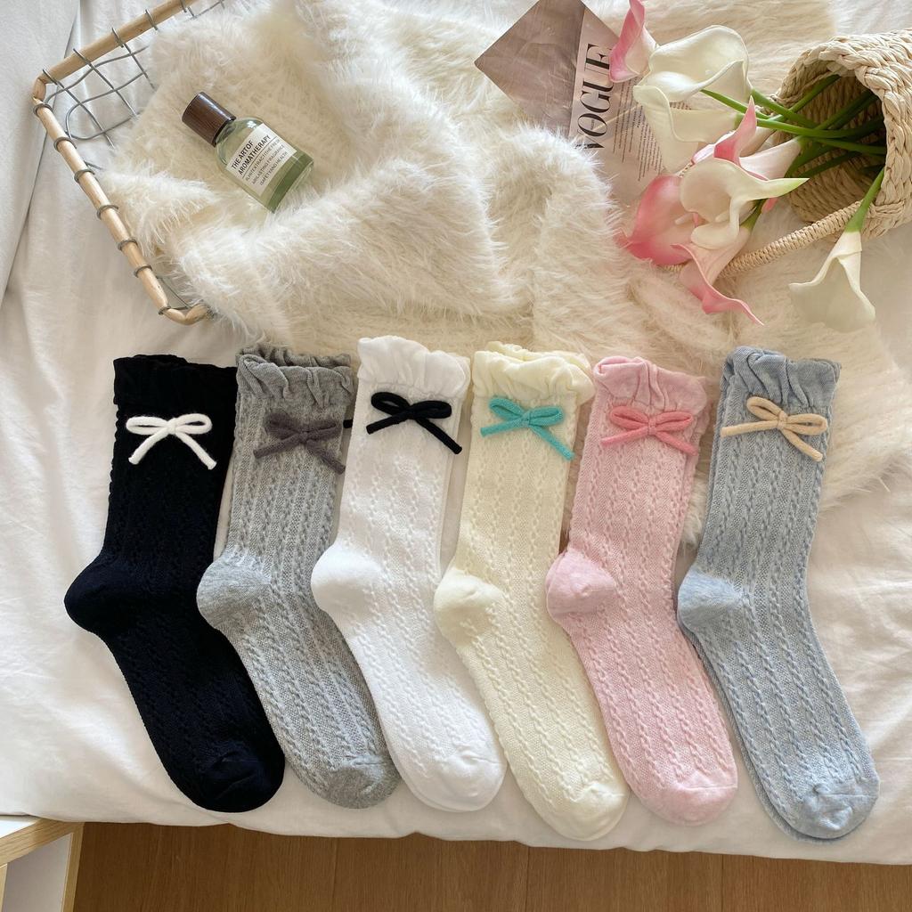 Autumn Casual and Sweet Bow Mid-calf Socks, Women's Comfortable Anti-pilling Cotton and Linen Flower Socks, College Trend Socks