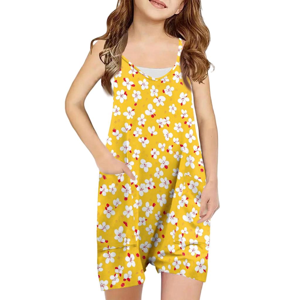 Girls' Sleeveless Romper - Casual Spaghetti Strap Jumpsuit With Pockets