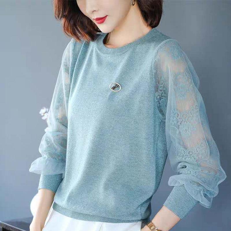 

Вязаный свитер Ice Silk для женщин с длинными рукавами, весна/лето, тонкий, свободный, короткий, универсальный, кружевной низ, верх M синий