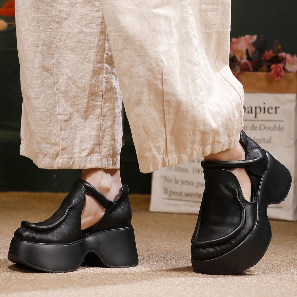 Johnature Retro Genuine Leather Thick Soled Shoes Round Toe Thick High-heeled Comfortable Platform Sandals