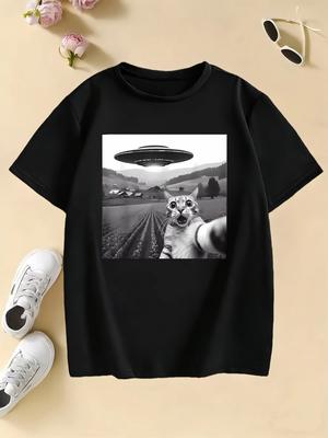Funny Casual Ufo Cat Kawaii Design Print T Shirts Pure Cotton Unisex and Women Tshirt  2026 Summer Spring Casual Top Tee