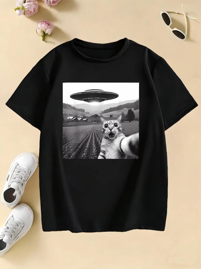Funny Casual Ufo Cat Kawaii Design Print T Shirts Pure Cotton Unisex and Women Tshirt 2026 Summer Spring Casual Top Tee