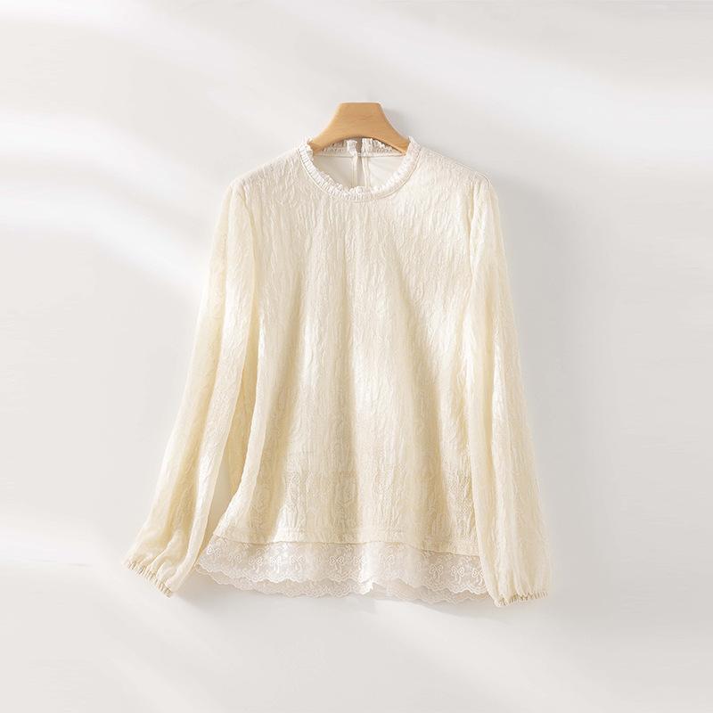 

Кружевная вставка, вышитая трикотажная куртка из шерсти тенсел, женский летний новый удобный топ с круглым вырезом и длинными рукавами L абрикосовый