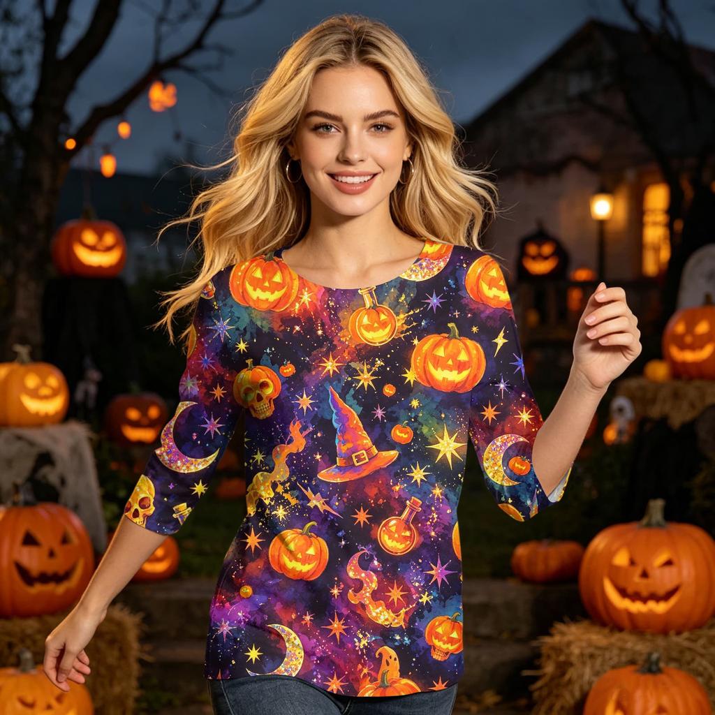 Womens Casual Halloween Print Round Neck Three Quarter Sleeve Top Lightweight Soft Fabric Pullover Shirt for Everyday Wear