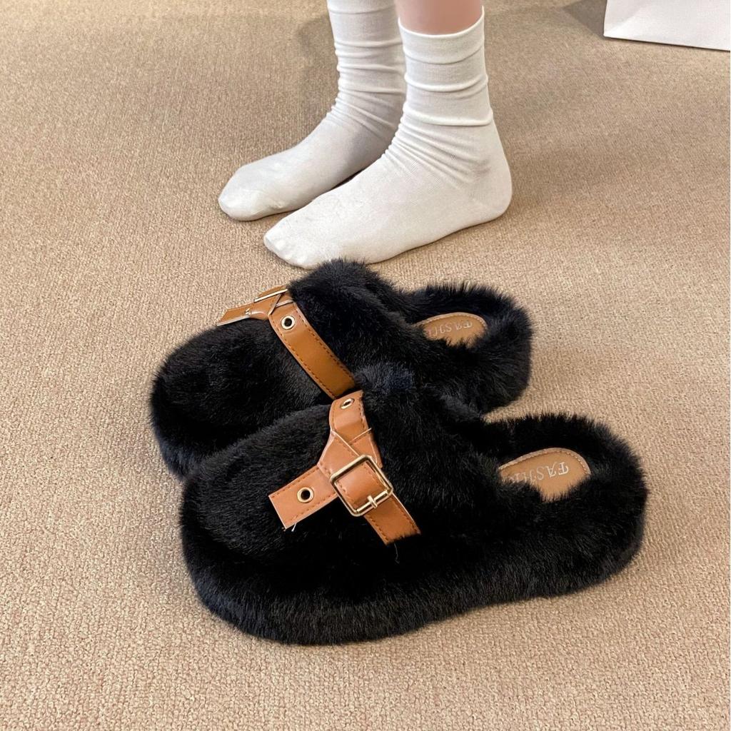 Internet Celebrity Bag Head Half Slippers Women's Outer Wear 2025 Autumn and Winter New Heightened Thick-soled Fluffy Shoes Home Warm Cotton Mop