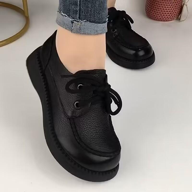 Spring and Autumn 2023 New Muffin Soles PU Deep-mouthed Mid-heel Low-top Shoes with Cross Tie Round Rubber Thick Soles Women's