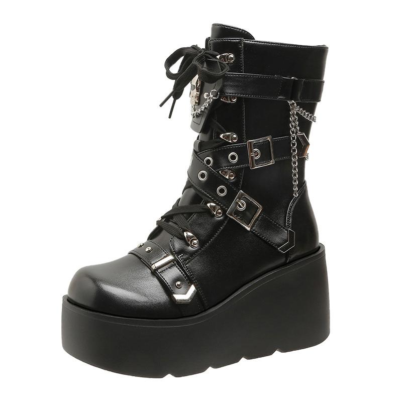 

Punk Style Womens Boots Fashion Height Increasing Platform Boots Women Knight Boots High Quality Casual Leather Boot Botas Mujer 35 чёрный