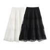Spring 2025 Women's European & American Lace Trim Puff Midi Skirt